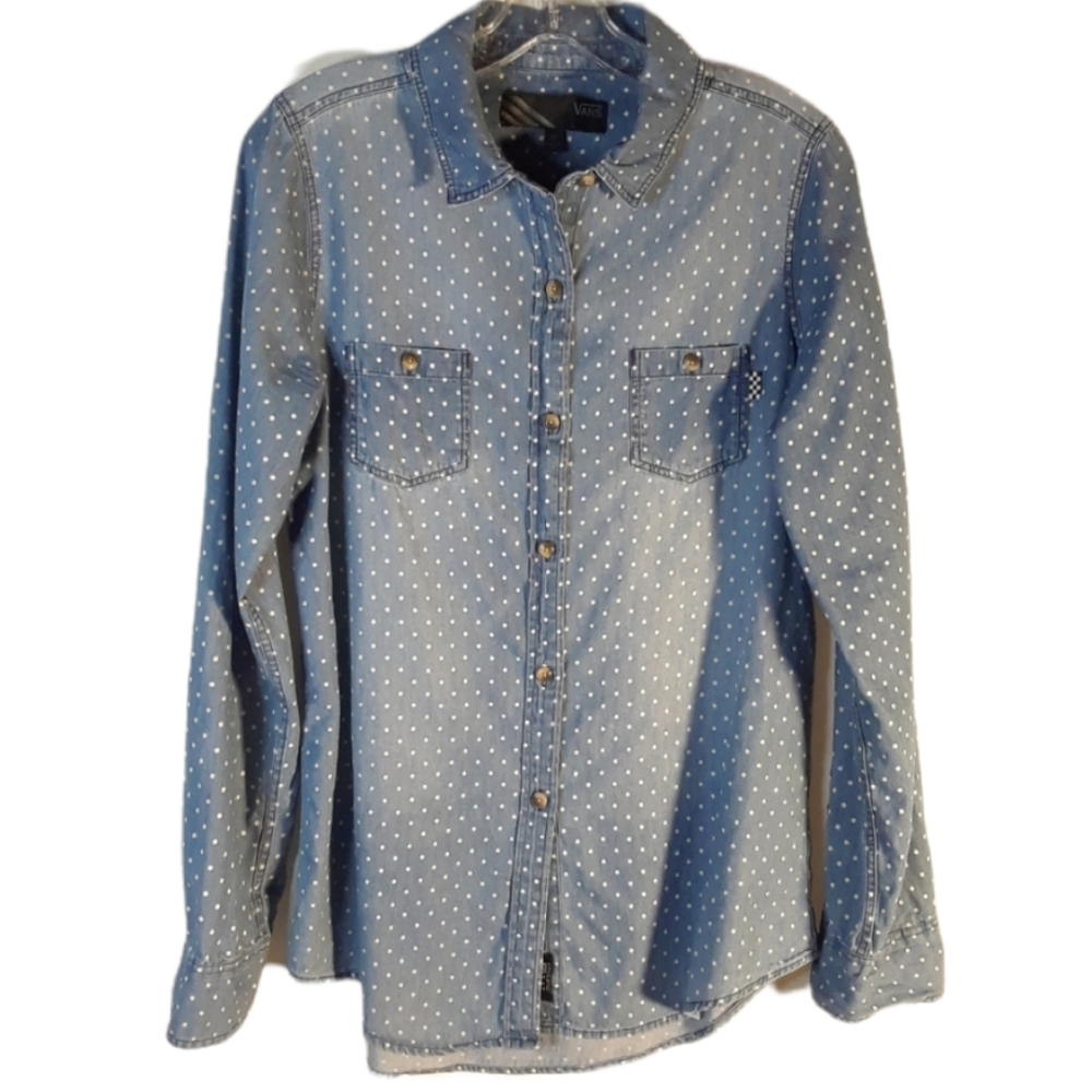 Vans blue chambray button down with white polka dots